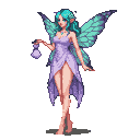 Pixie with flowing teal hair, iridescent butterfly wings, and a lavender gown with a thigh-high slit, holding a shimmering pouch.