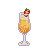 A bubbly orange cocktail with foam, topped with a strawberry slice, in a tall glass with a purple outline.