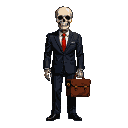 Skeletal figure in a dark suit and red tie, holding a leather briefcase.