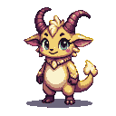 A fluffy golden creature with large blue eyes, spiraling horns, a decorative collar, and a bushy tail, smiling gently.