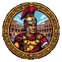 Stoic Roman gladiator bust with golden helmet and crimson plume, wearing ornate armor and red cloak, set against the Colosseum silhouette and pale blue sky within a golden circular emblem.