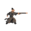 Pixel art martial artist in a dark robe and cap, facing right, lunging forward with a long sword extended.
