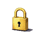 A solitary, gleaming golden padlock with a visible keyhole and arched shackle, casting a shadow on a black background.