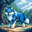 A blue and white wolf stands in a dappled forest clearing, looking left.