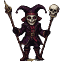 Sinister court jester with skull-like face, glowing red eyes, holding two ornate staffs, one with a skull, the other with a golden finial, in dark purple and red attire.