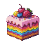 A slice of rainbow layer cake with pink frosting, topped with strawberries, blueberries, a yellow fruit, a cherry, and confetti.