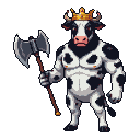 Bipedal cow king with black and white patterned fur, wearing a golden crown, holding a double-headed axe.