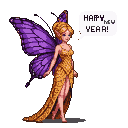 Pixel Art: pixie with butterfly wings and golden dress says in bubble "...
