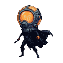 A cloaked figure with an enormous, glowing orange helmet against a black background.