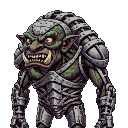 A menacing troll with glowing yellow eyes, sharp tusks, and segmented, battle-worn metal armor.