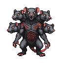 A hunched, multi-headed creature with exposed ribs and patches of red flesh. Five rat-like heads with glowing orange eyes and bared teeth sprout from its neck and shoulders.