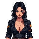 Fierce woman with dark hair, blue eyes, a bruised eye, and blood on her cheek and chest, wearing a torn black military jacket.