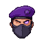 A masked figure in a purple beret stares forward, their single eye glowing purple.