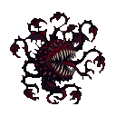 Grotesque dark entity with gaping maw of needle-like teeth, deep purple and black form with crimson highlights, surrounded by indistinct shadowy tendrils.