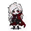 Chibi vampire Scarlet in a battle stance, with glowing crimson eyes, messy white hair, and fangs. She wears a charcoal leather tunic with silver buckles and a tattered scarlet cape. Strong neon violet backlighting defines her silhouette against a dark background.