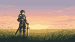 Pixel Art: A peaceful lofi-style illustration of a lone knight standing...