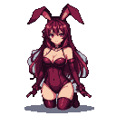 A succubus anime girl in a dark red bunny suit, kneeling with long crimson hair and piercing red eyes.