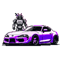 Pixel Art: the Toyota Supra a90 car is purple in color and next to it o...