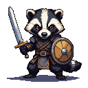 Honey badger warrior in segmented armor, holding a sword and buckler, with determined expression.