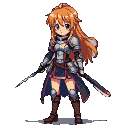 Determined warrior with flowing auburn hair, wearing silver plate armor over a dark blue tunic, gripping a sword with both hands in a ready stance.