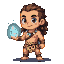 Chibi cave boy hunter with blue eyes, leopard print loincloth, and crocodile tooth necklace, holding a glowing light blue crystal.