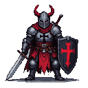 Templar Knight possessed by a demon, wearing segmented armor, tattered red tunic with a black Templar cross, and a helmet with crimson horns. He holds a black shield with a red cross and a rusted sword.