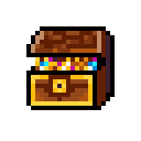 Pixel Art: treasure chest overflowing with gold coins and gems, detaile...