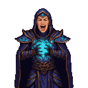 Menacing Drow warlock in ornate blue and gold armor and hooded cloak, unleashing crackling turquoise arcane energy with a wicked laugh.
