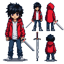 Young male character with messy black hair and dark eyes, wearing a white t-shirt, red hooded jacket, and blue jeans, holding a silver sword.