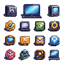 Sixteen computer-themed pixel icons on a transparent background, including CRT monitors, laptops, and stylized envelopes.