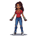Young Black woman with braided hair, wearing a red t-shirt, ripped jeans, grey gloves, and a gold chain, arms extended.