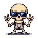 Cheerful skeleton with blue sunglasses making a rock-and-roll horns gesture.