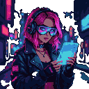 Pixel Art: cyberpunk pixel art girl with neon pink hair, wearing jacket...