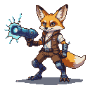 Fennec fox humanoid with mechanical spider legs holds a glowing blue electric cannon.