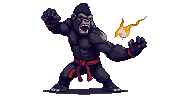 A muscular gorilla in a fighting stance, wearing a crimson belt, roaring with glowing red eyes and a burst of orange energy.