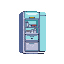 Futuristic light blue and grey storage cabinet, open, with glowing interior shelves stocked with bottles and containers.