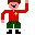 A blocky, cheerful character with a pixelated smile and rosy cheeks raises one arm in celebration. The character wears a red long-sleeved shirt with a yellow cross and green pants with white ankle accents.
