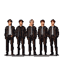 Five figures in dark, textured jackets and pants stand in a stoic line against a black background.