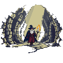 Lone wizard in a red robe and pointed hat walks through a ruined dungeon with a glowing staff.