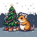 A plump brown hamster with a white belly reaches for a glowing ornament on a decorated Christmas tree with twinkling lights and presents. Snowflakes fall against a starry sky.