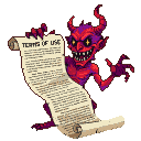 Grinning impish devil with yellow eyes and sharp teeth holds an unfurled scroll labeled "TERMS OF USE" in vibrant red and purple pixel art.