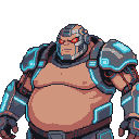 Augmented warrior with cybernetic helmet, glowing red eyes, and dark armor with cyan accents.