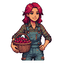 Farmer with raspberry hair in overalls holds a basket full of ripe red raspberries.