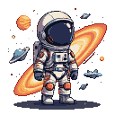 Astronaut in white and grey suit with orange accents standing before a large, fiery ringed planet and distant celestial bodies.