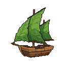 Pixel Art: toy boat mad of wood and big leaves as sails