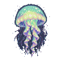 A bioluminescent jellyfish with glowing mint green and yellow bell, and translucent lavender and blue tentacles, drifts in darkness.