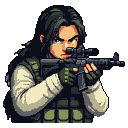 Pixel art sniper aiming through rifle scope, wearing tactical gear.