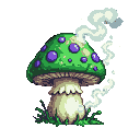 A large, rounded green mushroom with irregular purple spots, a thick pale stem, and wisps of white smoke curling upwards.