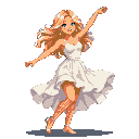 Young woman with long blonde hair and blue eyes, wearing a white dress, dancing with arms outstretched and one leg lifted.