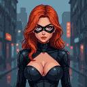 Pixel Art: drawn a ginger woman on a vigilante suit (can see their shoulders and breast ) with eyes mask on a rainy dark city (generated with AI by Eldraen Fae).